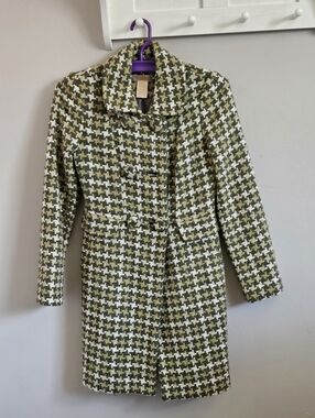 Vintage 70% Wool Jacket Pea Coat SizeXS Houndstooth Tweed Green Double Breasted